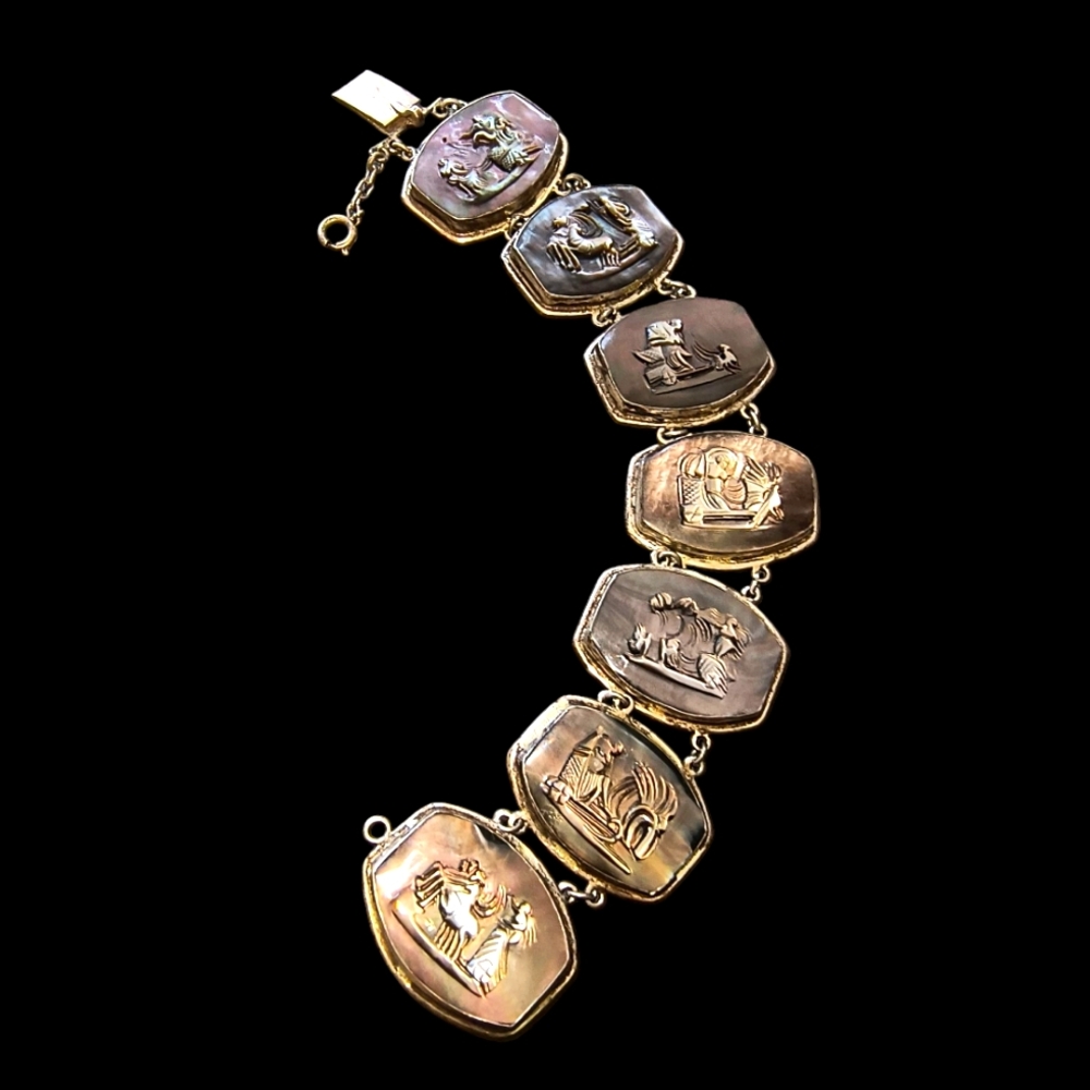 Vintage Carved Abalone Shell & Sterling Silver Greek Mythology Bracelet